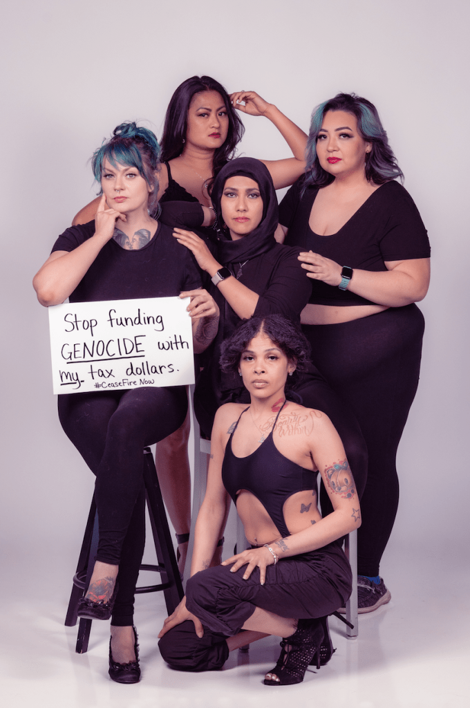 People of different backgrounds and races holding a sign that says "Stop funding genocide with my tax dollars."